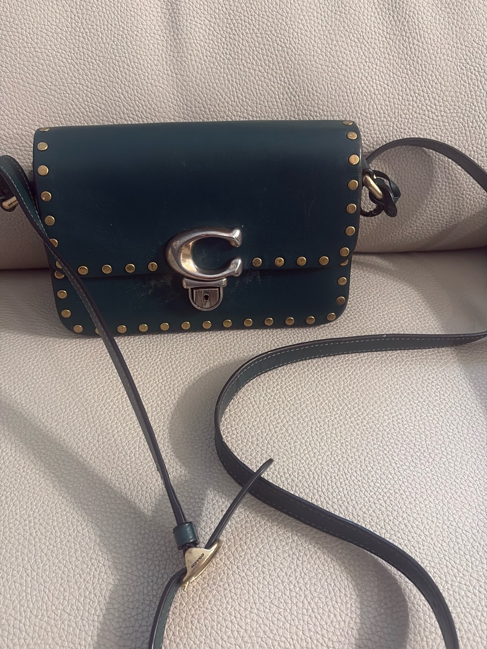 Coach Dark Green Leather Crossbody with Gold Stud Accents